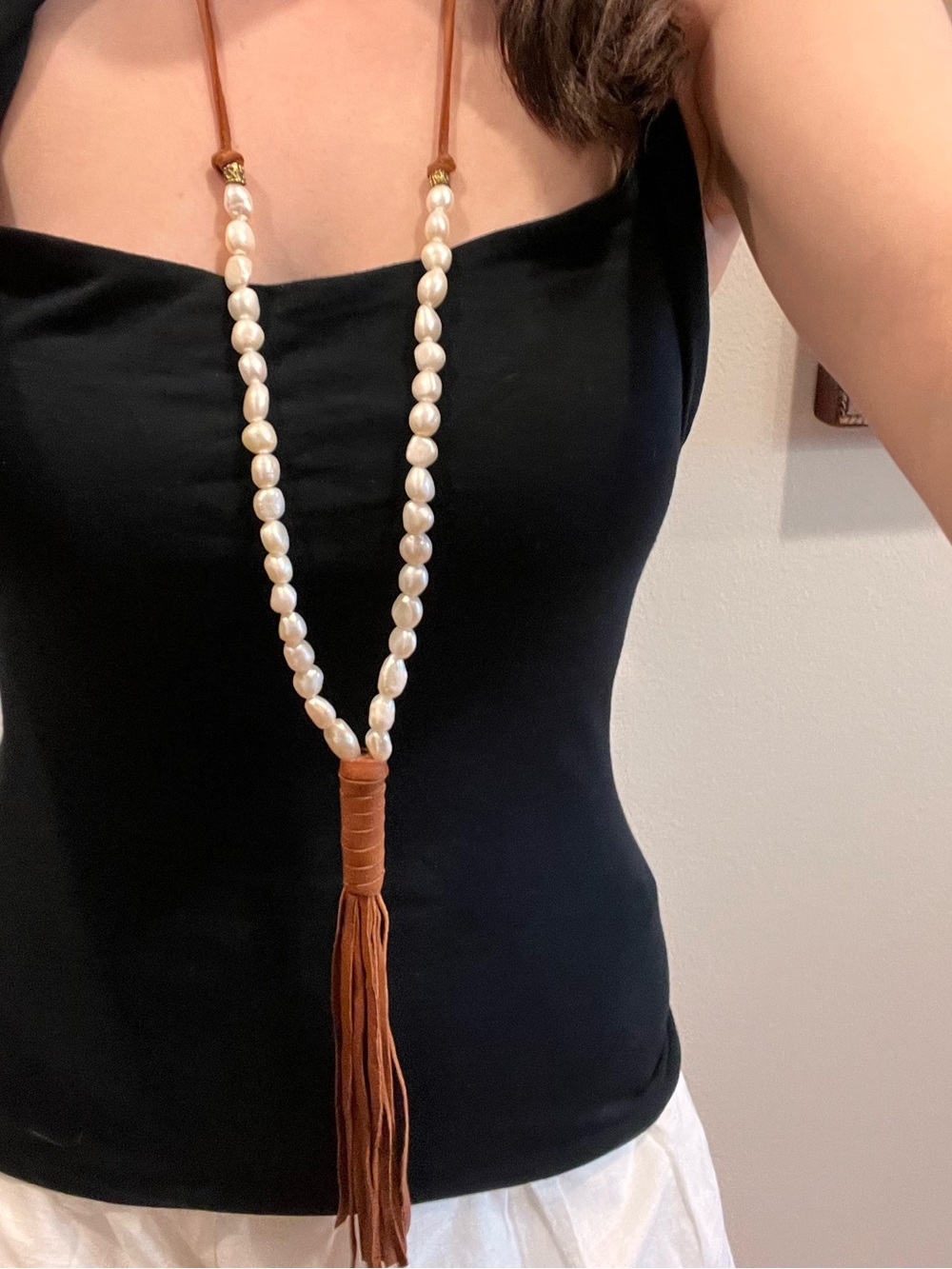Beaded Tassel Necklace - Brown Leather with Freshwater Pearls